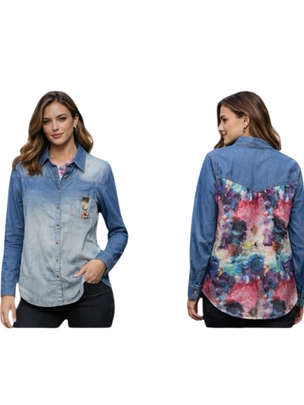 NWT Aratta Silent Journey Bianca Chambray Button Top with Pin